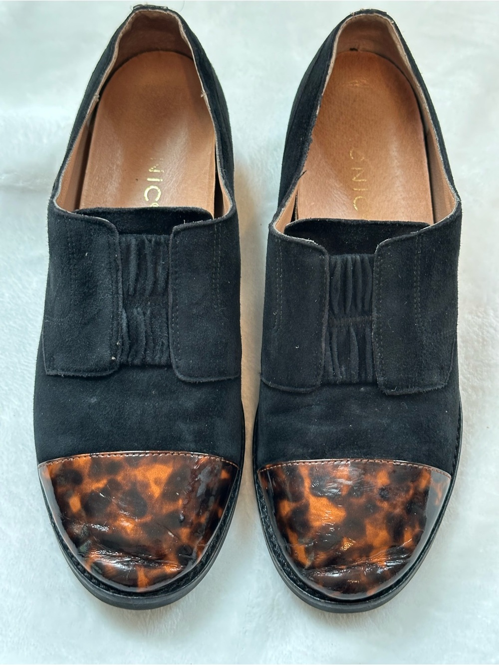 Vionic Black Suede Loafers with Tortoiseshell Cap Toe